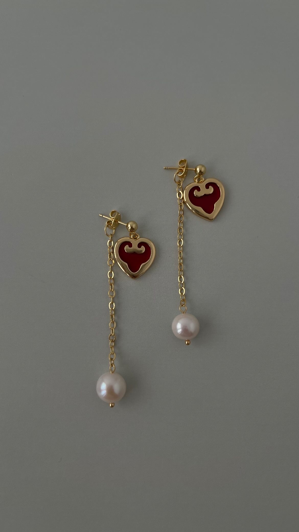Серьги трансформер красные сердца и жемчуг
